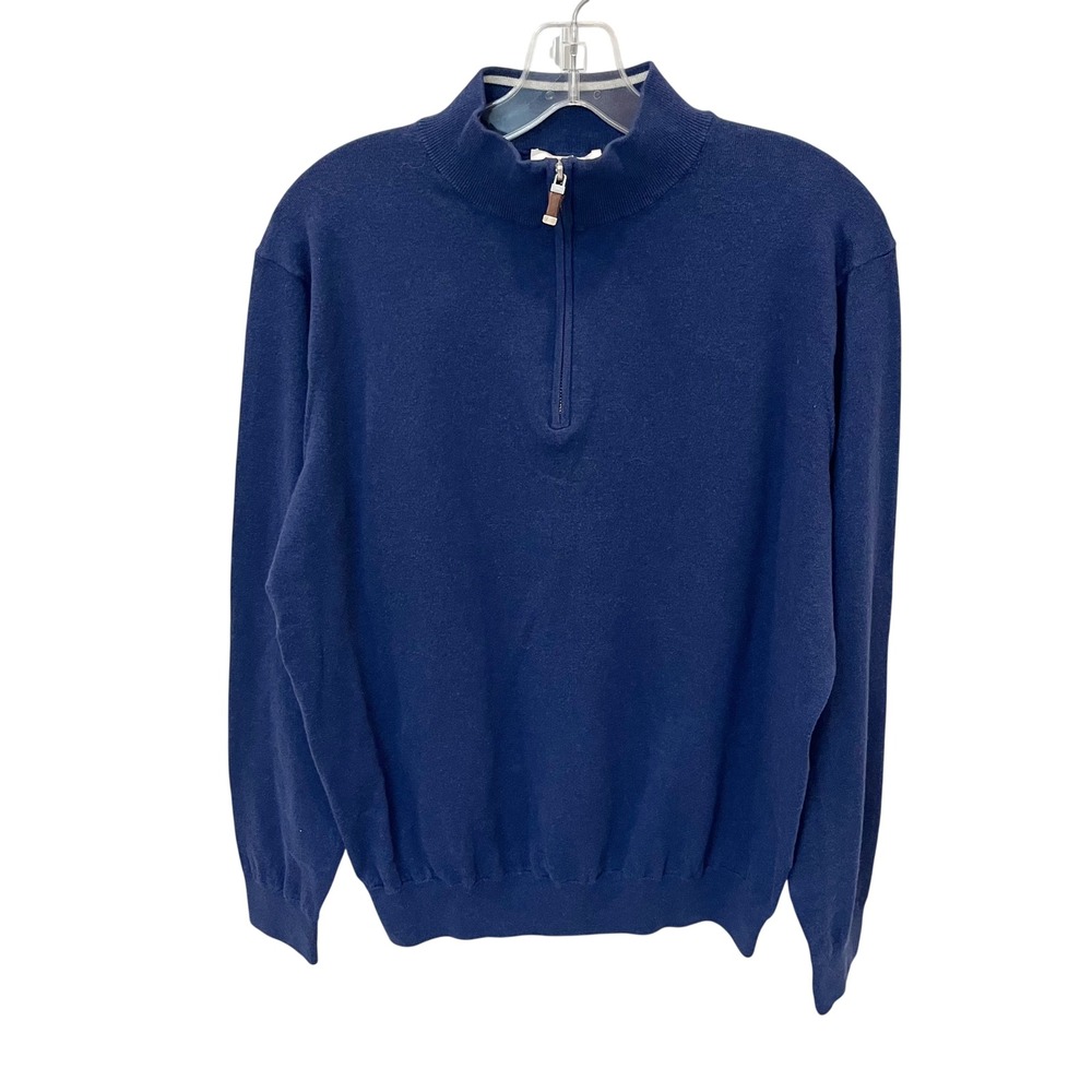 Peter Millar Mens Large Navy Blue Quarter Zip‎ Cotton Silk Blend Sweater Preppy